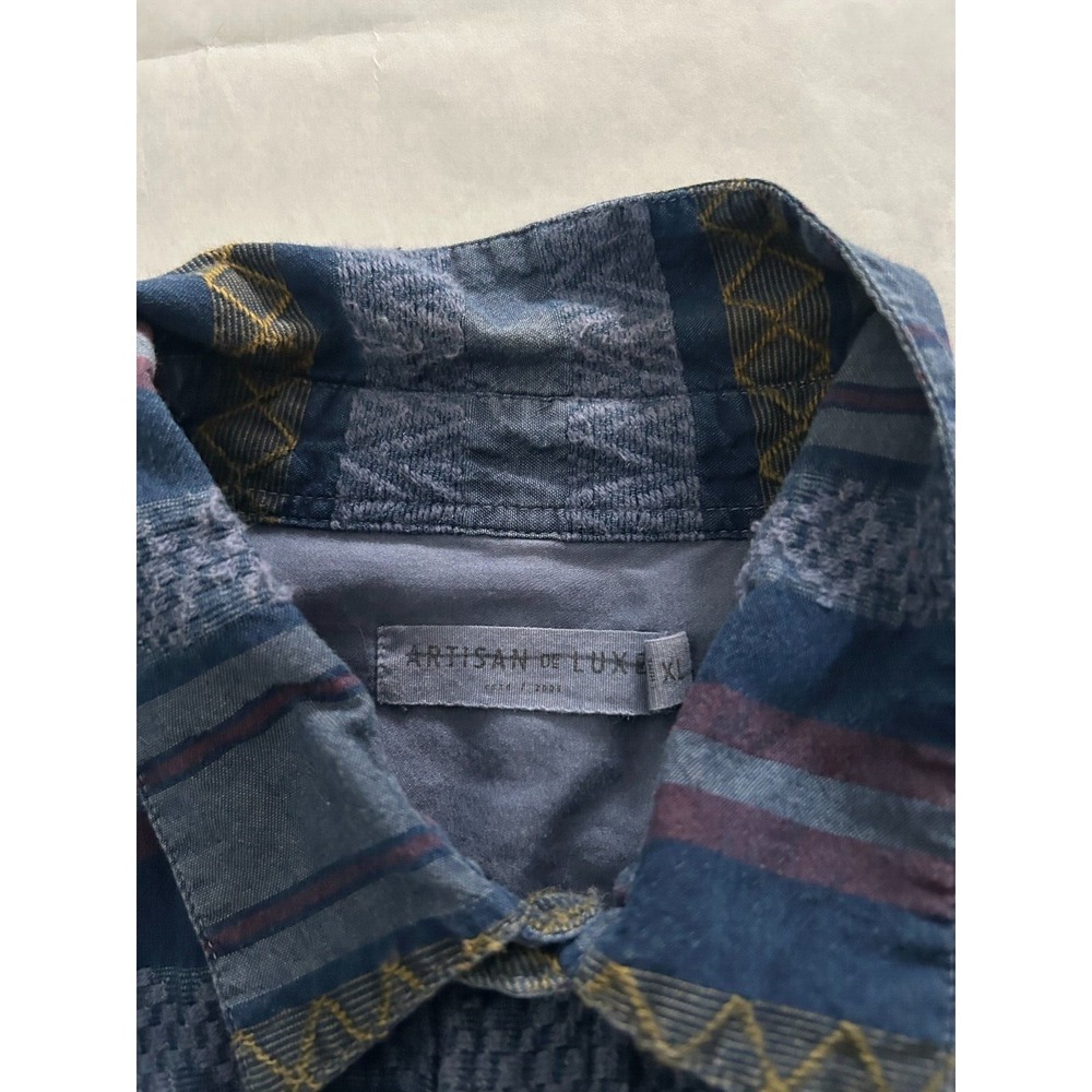 Anthropologie Artisan De Luxe Mens Denim Navajo Aztec‎ Patchwork Button Shirt XL - Picture 2 of 5